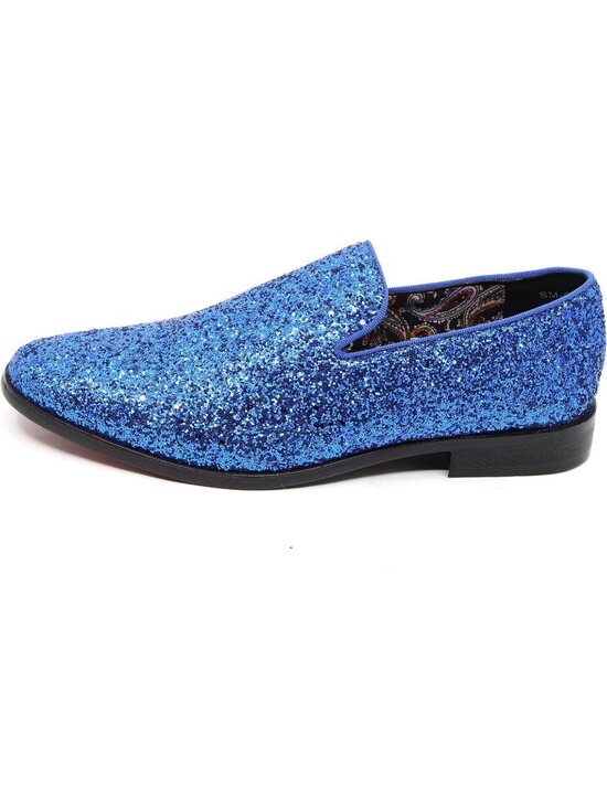 Metrocharm Men\'s Blue Rubber Sole Sparkly Glitter Sequin Loafers Slip On Shoes